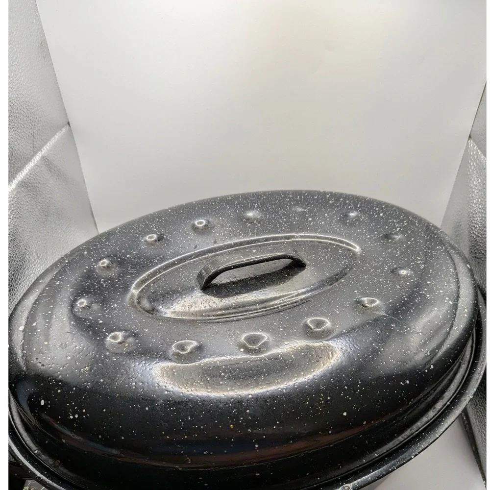 Black Speckled Enamelware Large Roaster Vintage Splatterware Roasting Pan & Lid